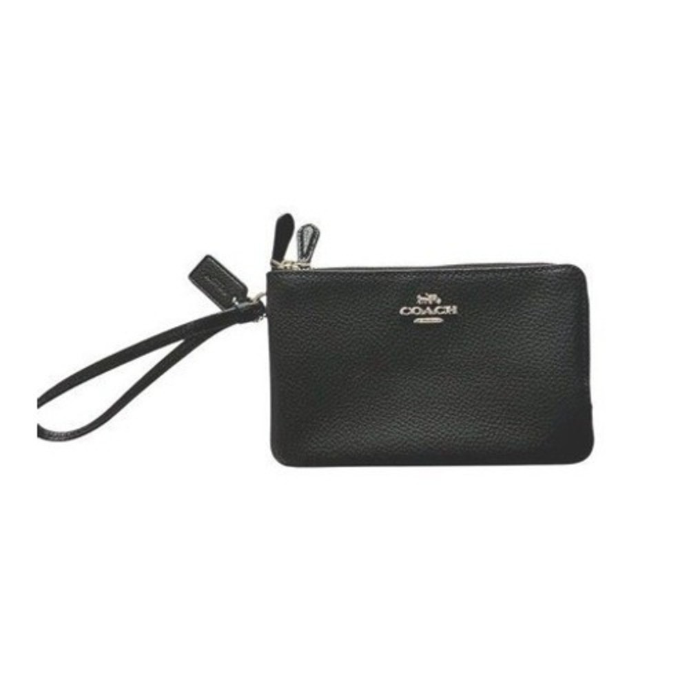 Coach Double Zip Wristlet Black Pebbled Leather Gold Logo Small Bag F87591